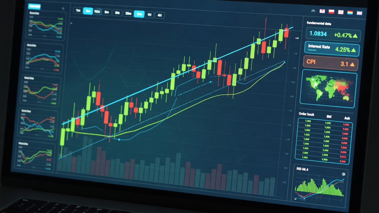 Forex trading dashboard showing candlestick charts and fundamental data overlays